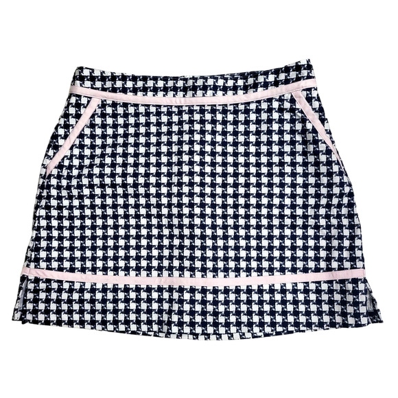 Lady Hagen Navy and White Houndstooth Skort with Pink Ribbon Trim - 8 - Picture 1 of 6